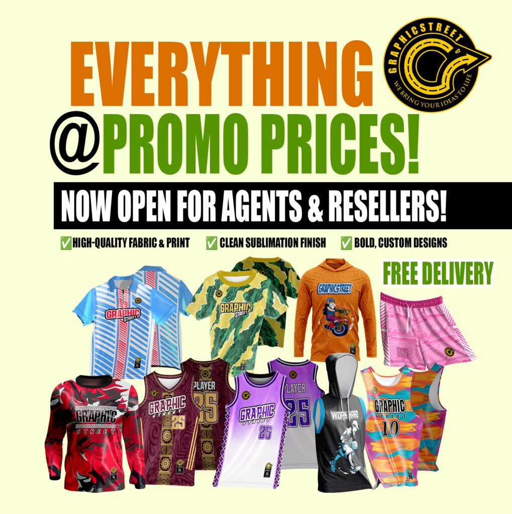 Services Graphicstreet advertisement showcasing a range of customizable, high-quality full sublimation uniforms available at promo prices, with an announcement for new agents and resellers, emphasizing free delivery and superior fabric, print, design and perfect stitching.